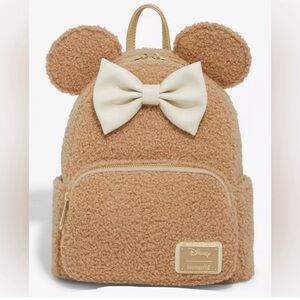 Loungefly Disney Mini Mouse Sherpa Backpack in Tan with Cream Bow